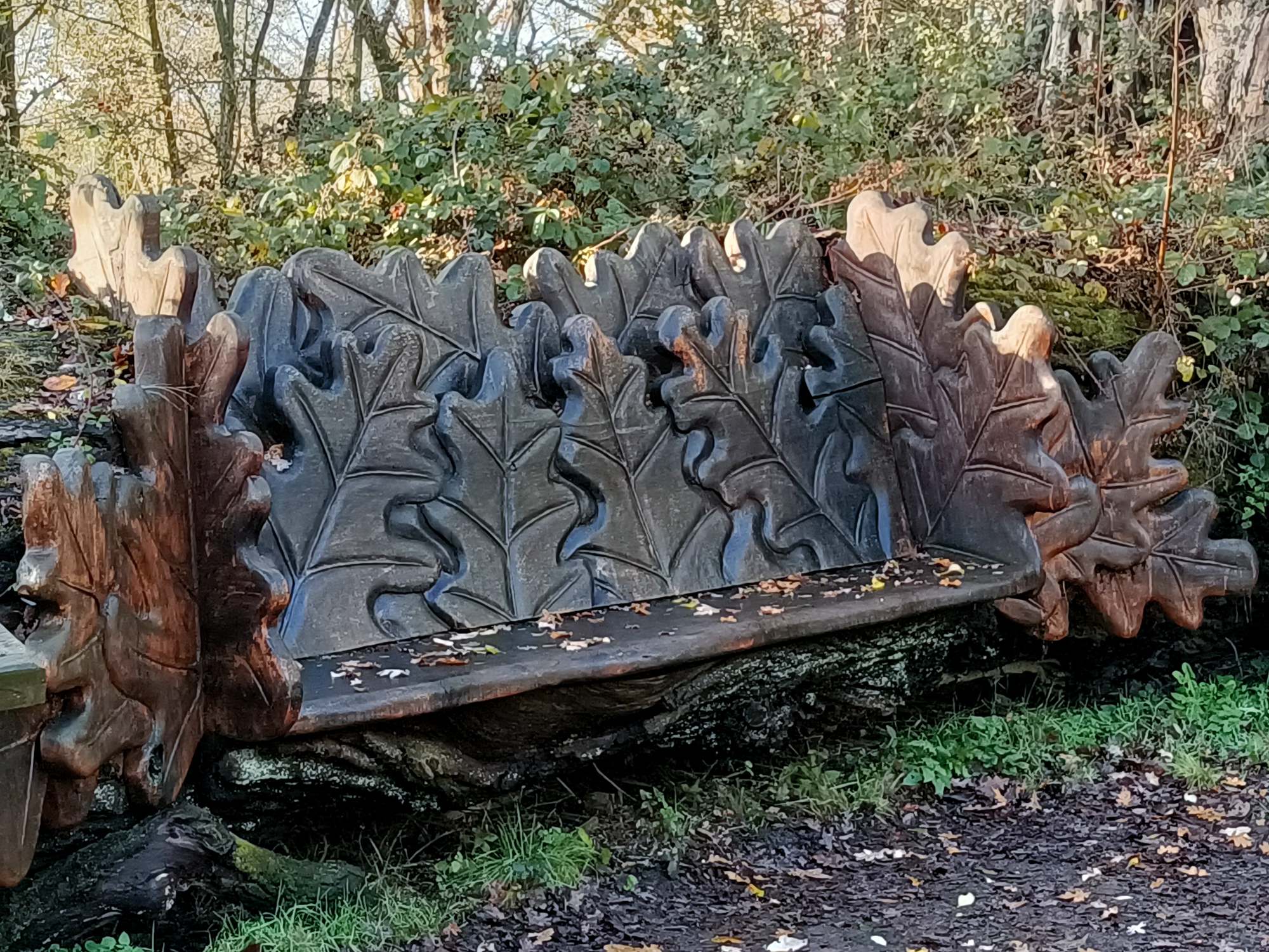 the carved oak bench; too wet to sit on today though!