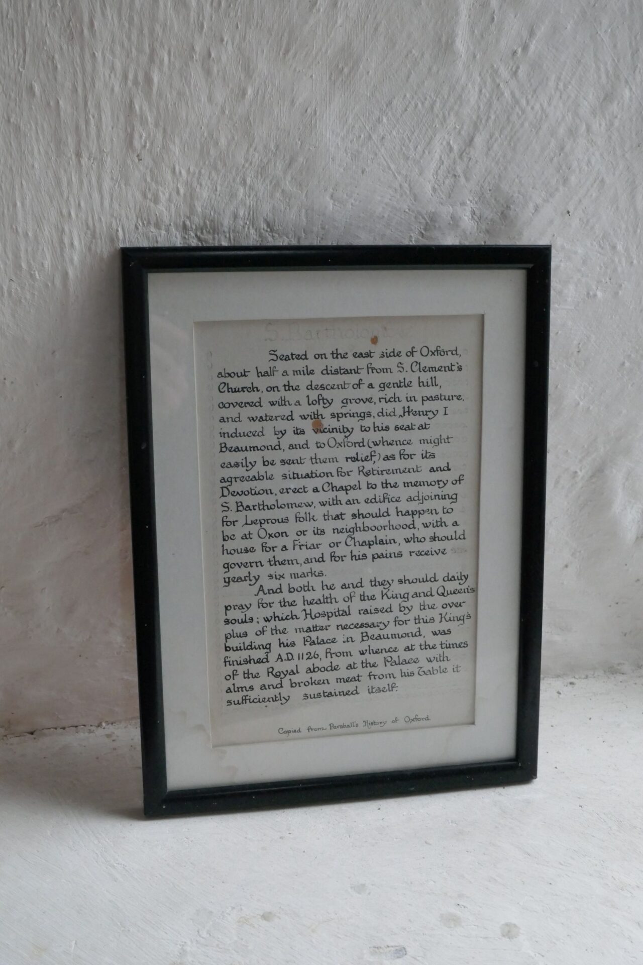 Framed text about the Chapel